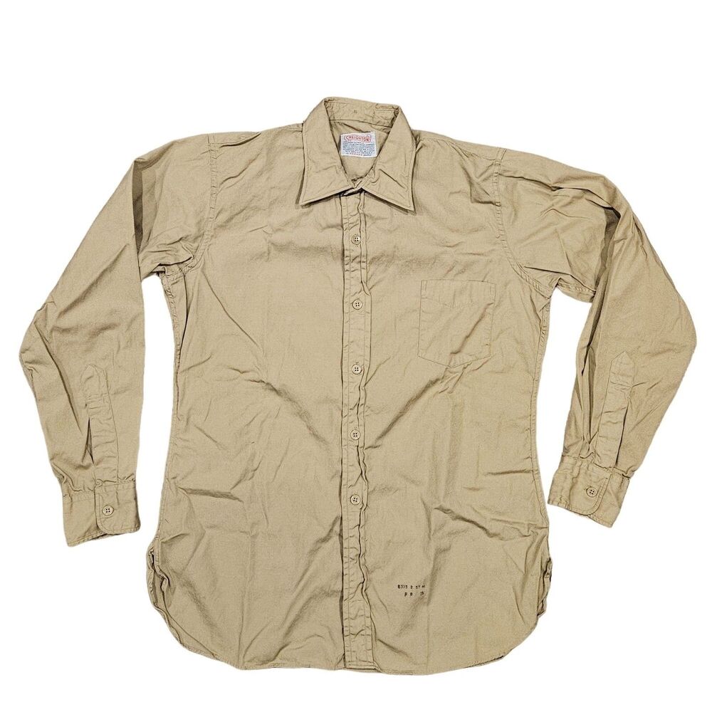 Creighton Men's Long Sleeve Button Down Military Khaki Shirt Size Medium (15)